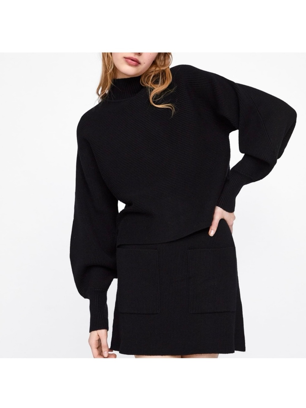 Zara Ribbed Black Knit Balloon Sleeve Sweater Shirt